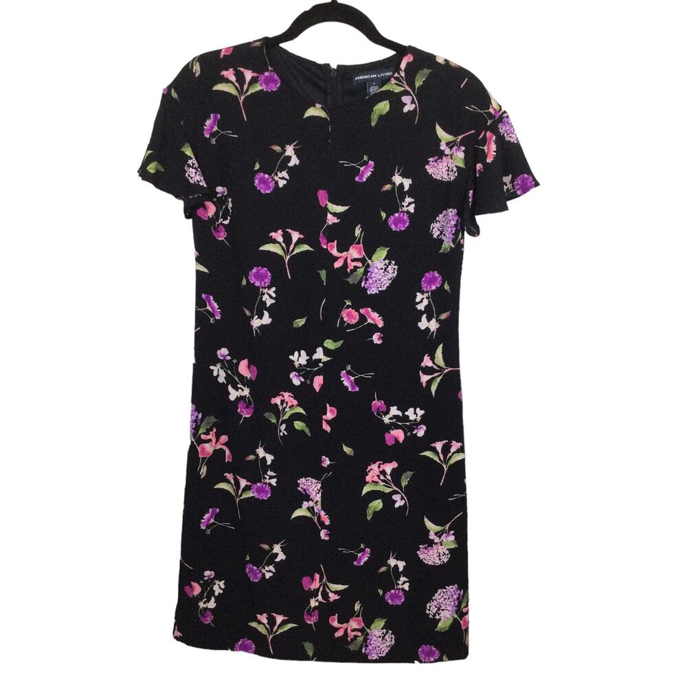 American Living Women's Dark Cottagecore Floral Flounce Cap Sleeve Black Dress 4
